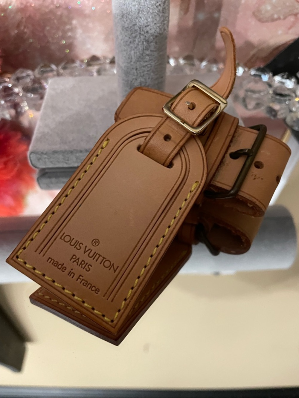 Louis Vuitton Luggage Tag and poignette cognac color leather